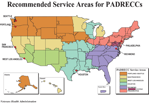 A map showing the service area for each PADRECC.